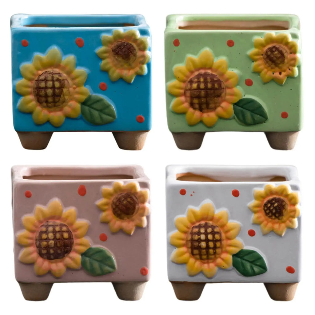 Ceramic Sunflower Planter Decorative Plant Pot Housewarming Gift Tabletop Ornament Small Square Flower Pot for Desk Shelf Quake