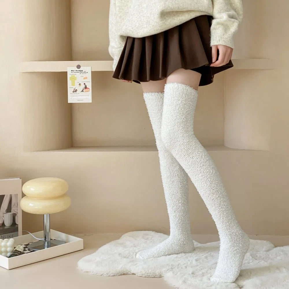 Soft Warm Striped Stockings Long Tube Comfortable Over Knee Socks Coral Velvet Cozy Lined Terry Socks Winter Quake 9 One Size