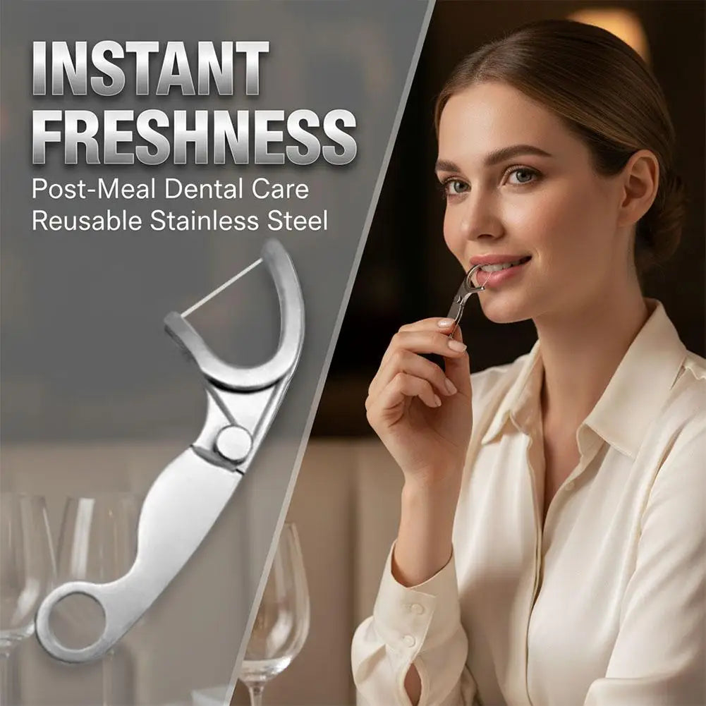 Stainless Steel Toothpick Dental Floss Reusable Flossing Holder Set Eco-friendly Teeth Cleaning Tools with 50 meters of floss Quake