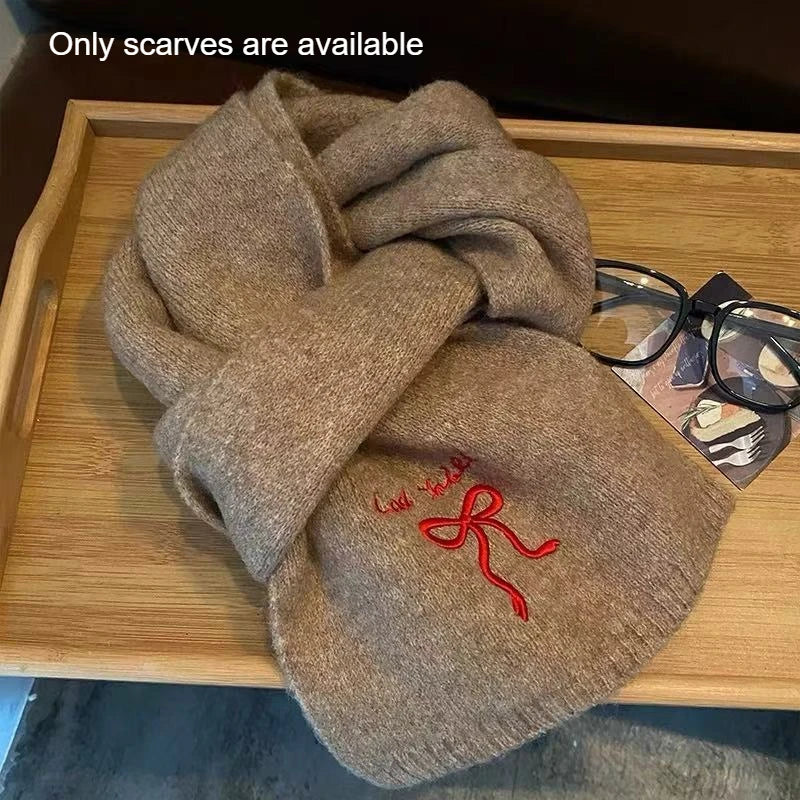 1pc College Style Imitation Cashmere Scarf Winter New Item Solid Color Embroidered Bow Couple Scarf Quake khaki