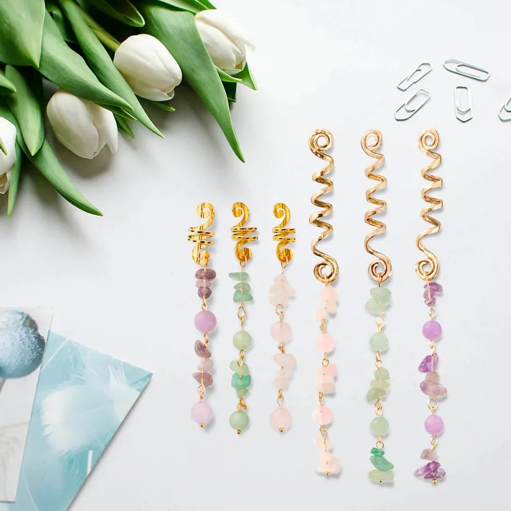 New Colored Hair Beads Crystal Stone Braids Barrette Spiral Charms Beads for Women Jewelry Vintage Hairpin Dreadlock Accessories Quake