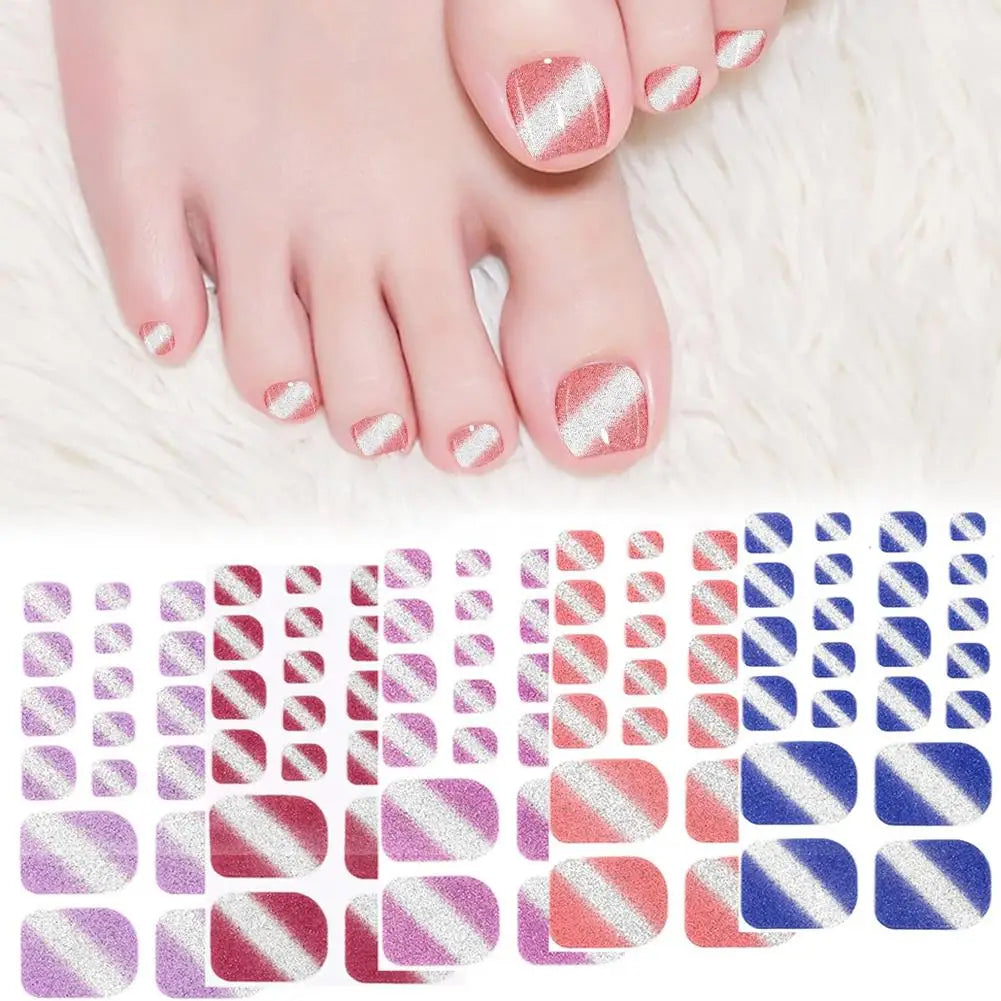 Gradient Glitter Toe Nail Stickers Full Nail Wraps Toenail Polish Strips for Women Shiny Self Adhesive Polish Toenail Stickers Quake