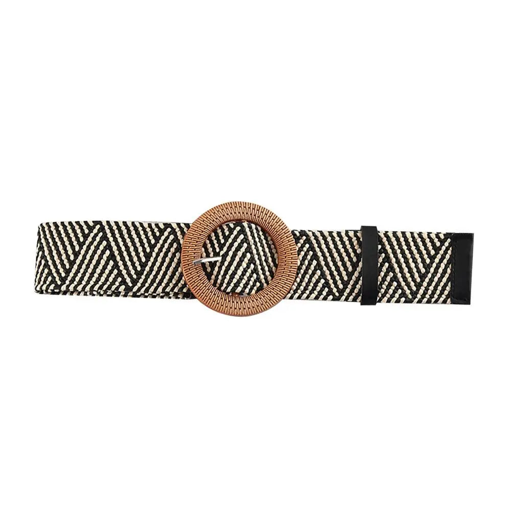 Summer Casual Elastic Braided Waistbelt Wide Straw Belt Waist Belt Quake Black white-Style 1