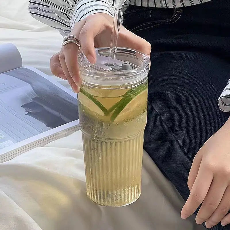 YWDL 600ml Stripe Glass Cup with Lid And Straw Transparent Milk Tea Juice Cup Drinking Glasses Ice Water Coffee Mug Bar Quake