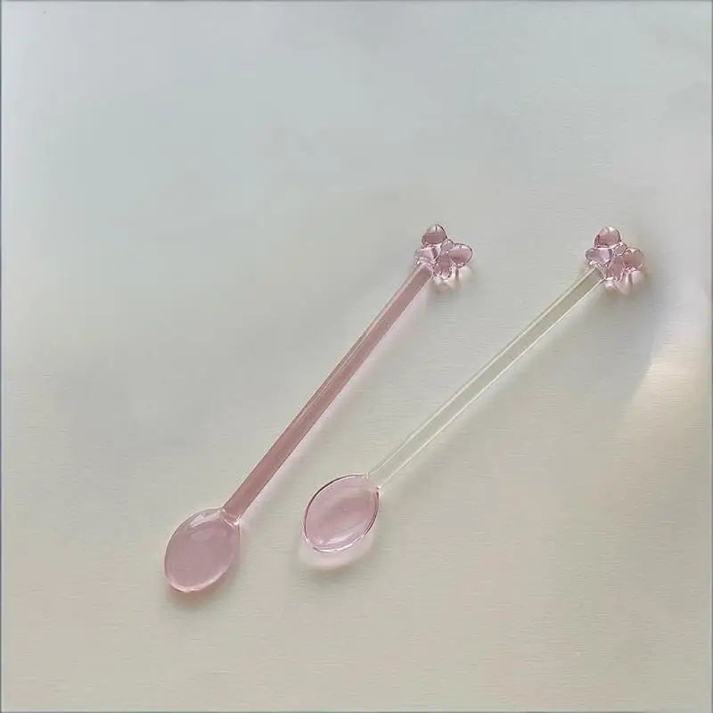 1/2Pcs 15cm Pink Bow Glass Coffee Spoon, Long-handled Dessert/milk Tea Stirring Spoon, Heat-resistant Teaspoon, Kitchen Tool Quake C