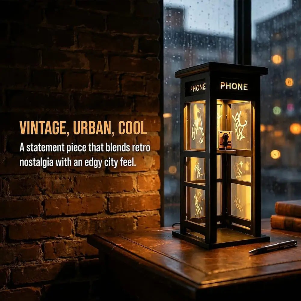 Vintage Phone Booth Table Lamp Retro Urban Street Night Light Warm Amber Desk Lamp Desktop Ornament for Home Coffee Corner Decor Quake