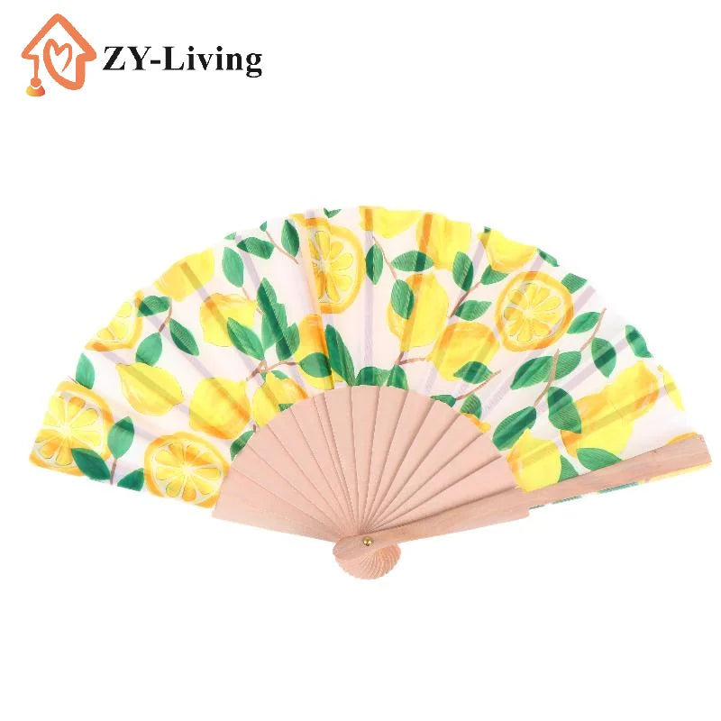 1Pcs Lemon Print Folding Hand Fan Fruit Pattern Bamboo Fabric Handheld Fan For Summer Cooling Dance Performance Party Decor Quake