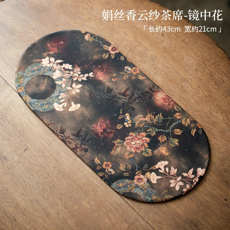 Double-sided Silk Fragrant Cloud Yarn Tea Mat Chinese Style Tea Table Heat Insulation Waterproof Mat Chinese Zen Dry Foam Mat Quake Flower in the Mirror