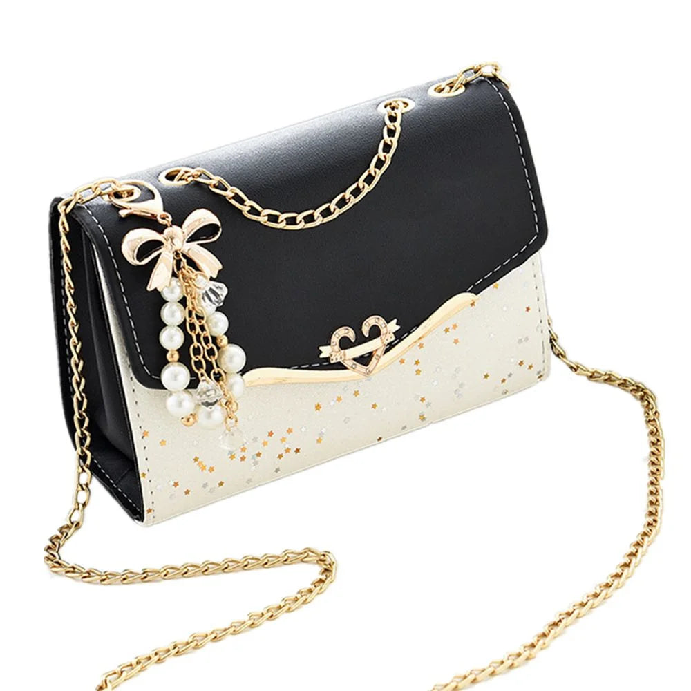 Fashion Messenger Bag Women Trendy Sequin Single Shoulder Bags Mobile Phone Pouch Ladies PU Leather Handbag with Tassel Pendant Quake black