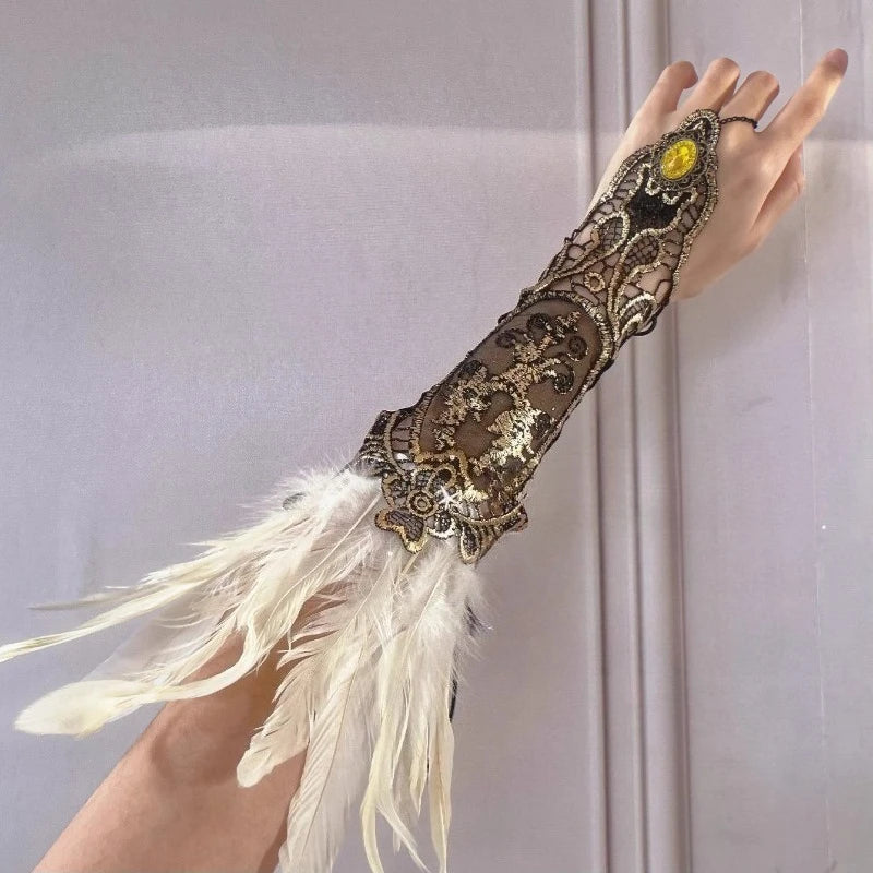 Retro Black and White Feather Lace Handguard Exotic Style Lolita Hanfu Ancient Style Styling Matching Quake