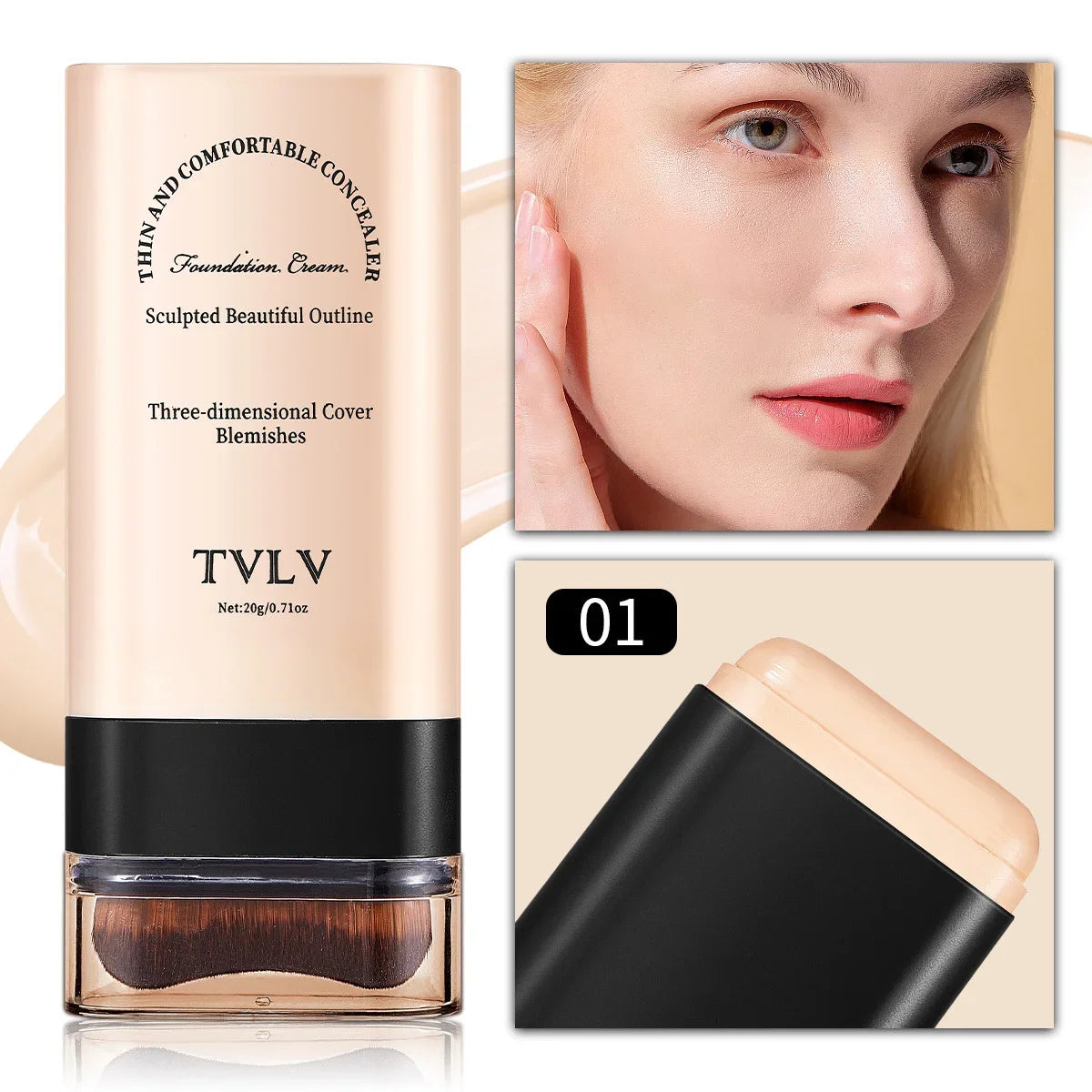 TVLV eraser foundation make-up stick 20g,with brush to brighten skin liquid foundation,non-marking,long-lasting makeup concealer Quake cream 01