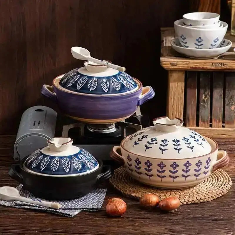Japanese Ceramic Casserole Stew Pot Household Cooking Gas Retro Flower Pattern Soup Pots High Temperature Resistant Cooking Pot Quake