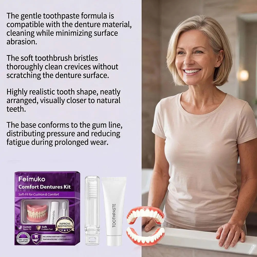 New Instant Smile Moldable Silicone Denture Kit, Natural Ivory Upper & Lower False Teeth With Toothbrush & Toothpaste Quake