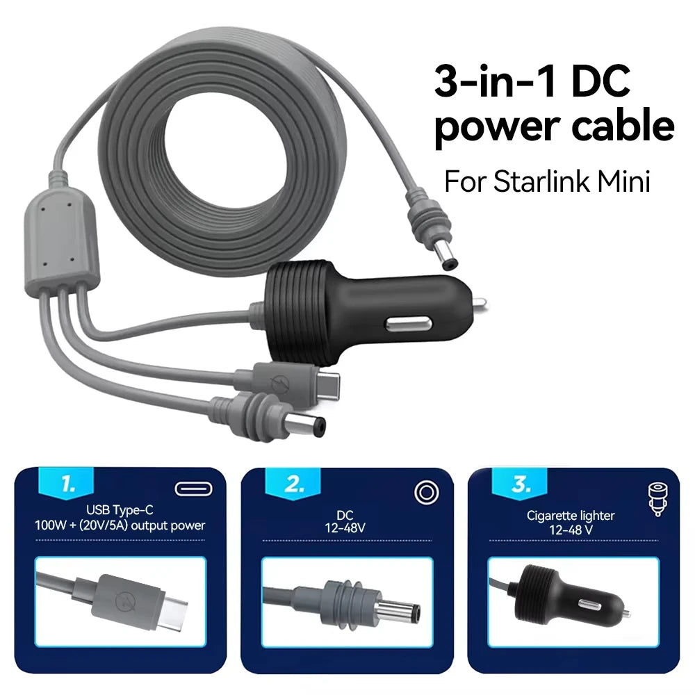 For Starlink Mini 3-In-1 Car Charger Waterproof Extension Cable, 18AWG, USB C. Equipped With A Voltmeter Quake 5M