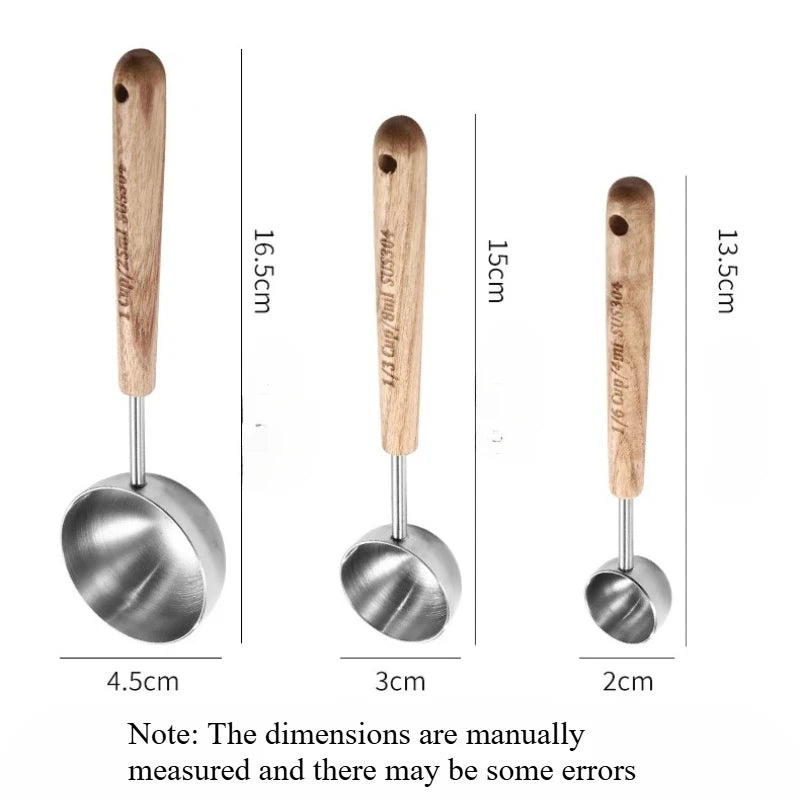 Wood‑Handle 304 Stainless Steel Measuring Spoon Scale Mark Coffee Powder Seasoning Baking Tool Measuring Spoon Quake A