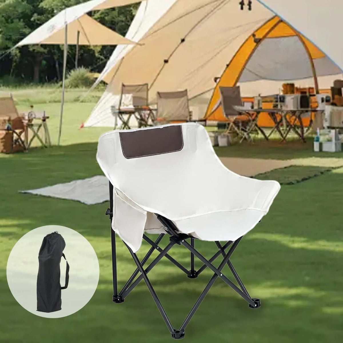 Camping Folding Chair Oxford Cloth Metal Tube with Side Pocket Portable Foldable Chair for Park BBQ Outdoor Backpacking Yard Quake Beige