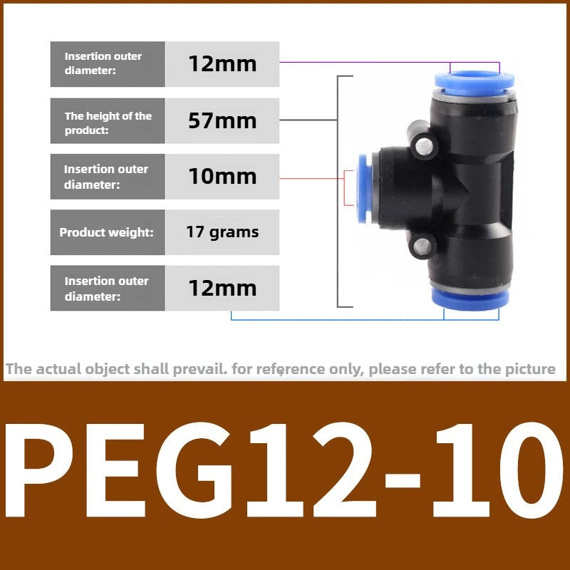 PEG Pneumatic Air Connector Quick Fitting Tee Reducer 3 Way T-shaped Plastic Pipe Hose Connector 6-4/8-6/10-8/10-6/12-8/12-10 Quake PEG12-10 1pcs