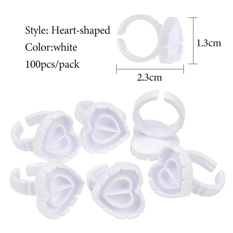 vvocci 100 PCS Heart-shaped Glue Ring Cup Disposable Plastic Eyelash Extension Tattoo Pigment Holder Pallet Lash Makeup Tools Quake M45 White