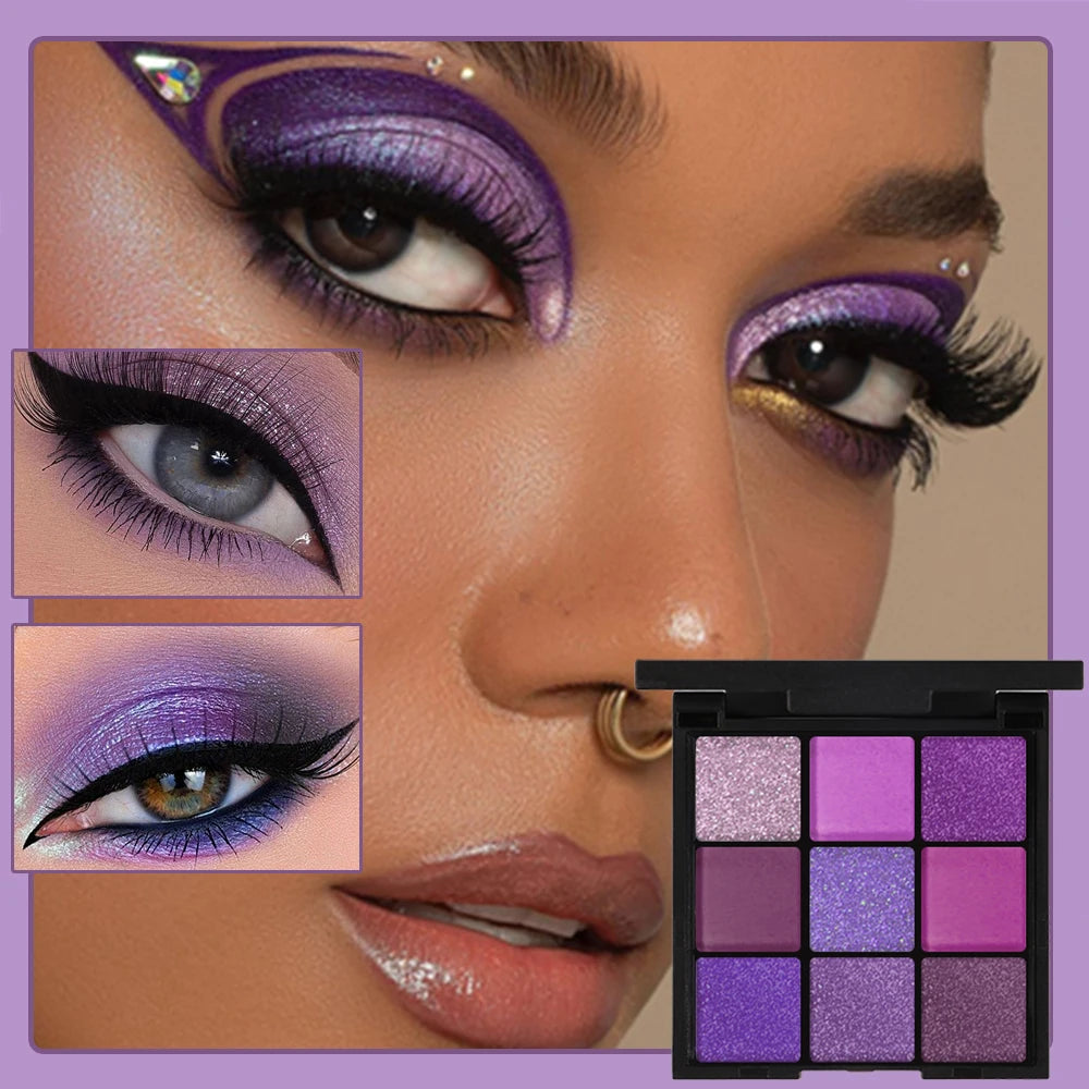 9 Color Eyeshadow Palette Matte Shimmer Glitter Purple Gray Smoky Style Cosplay Music Festival Makeup for a Glamorous Look Quake