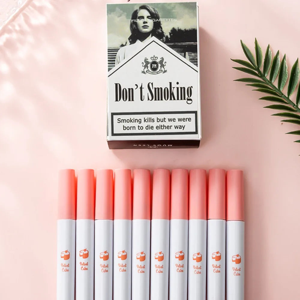 Matte Non-Stick Cup Lip Gloss 10 Sticks Cigarette Tube Lip Glaze Set Liquid Lipstick Velvet European and American Makeup Quake 10 COLORS