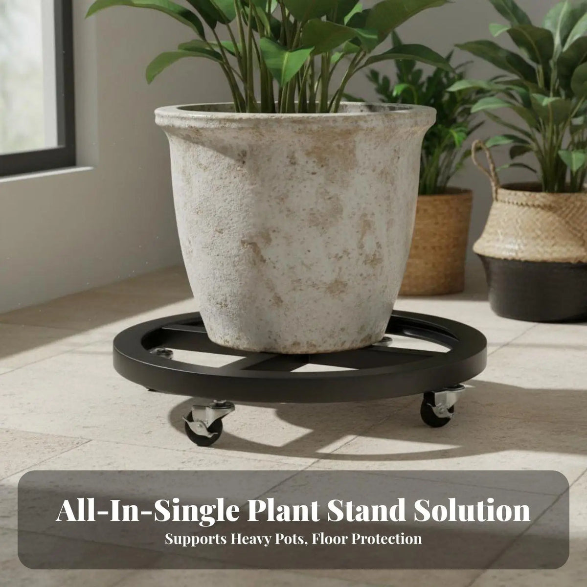 Round Plant Dolly with Wheels Indoor Outdoor Wheeled Flower Pot Tray Even Quake