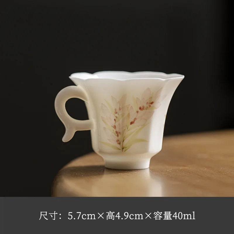 White Porcelain Hand-painted Wisteria Flower Tea Cup Ceramic Tea Cup, Thin-walled Kung Fu TeacupЧайная чашка Quake Xi Handheld Tea Cup