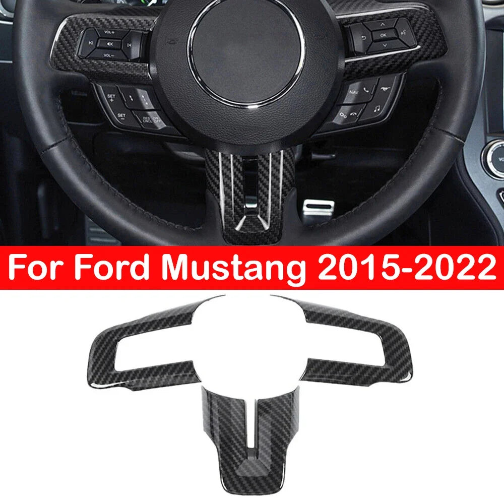 For Ford Mustang 2015 2016 2017 2018 2019 2020 2021 2022 ABS Carbon Fiber Style Inner Car Steering Wheel Cover Trim Frame Decor Quake Default Title