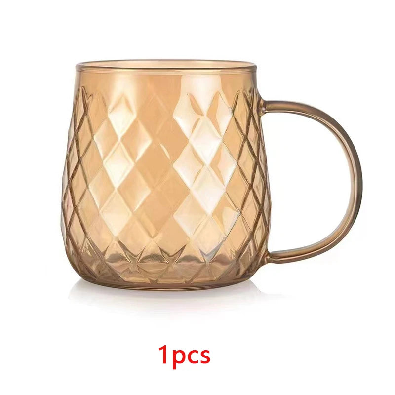 YWDL 1/2pcs Diamond Textured Glass Cup Golden Teacup Mug With Handle Household Fruit Tea Coffee Milk Drinkware Taacup 380ml Quake 1pcs 350-380ml
