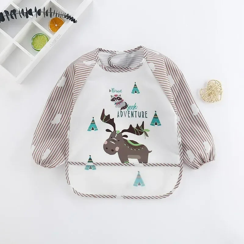 1Pcs Toddler Baby Cartoon Long Sleeve Art Apron Waterproof Eating Smock Infant Animal Smock Soft Baby Bib Burp Clothes Quake B31 Milu Deer 0-3Years old