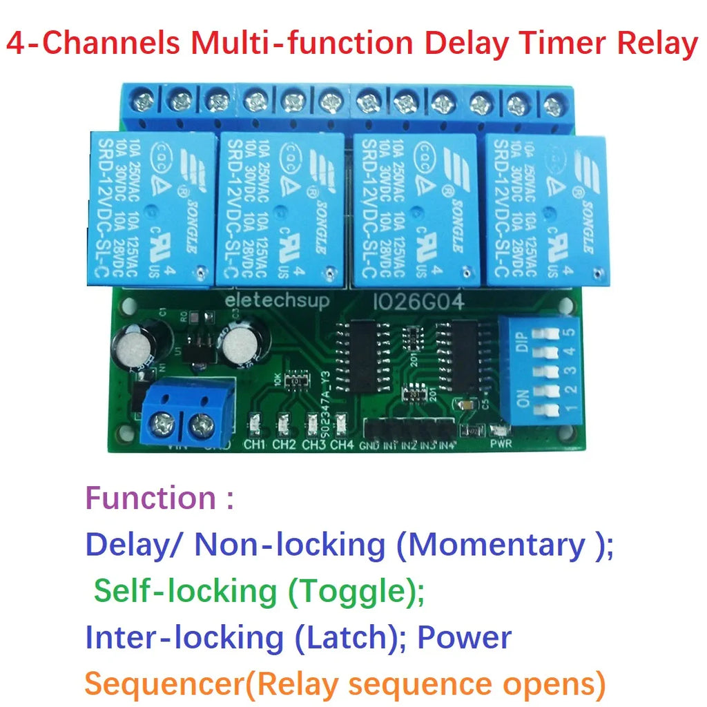 1 PCS 4ch DC 5V 12V 24V DIP Switch Delay Relay Module Flip-Flop Latch Bistable Self-locking Interlock Latch Power Conditioner Quake