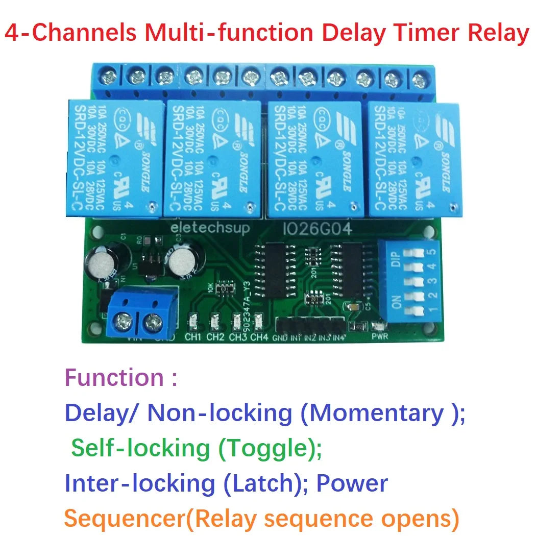 1 PCS 4ch DC 5V 12V 24V DIP Switch Delay Relay Module Flip-Flop Latch Bistable Self-locking Interlock Latch Power Conditioner Quake