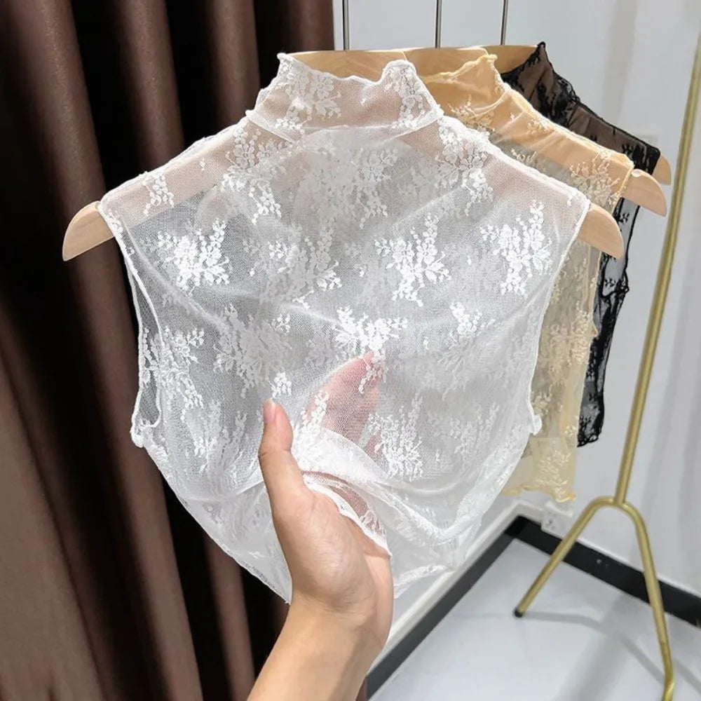 Fashion Lace Floral Fake Collar Detachable White Black Blouse Shirt Removable Collar Gauzy Slim Lace Tanks Women Quake White XXL