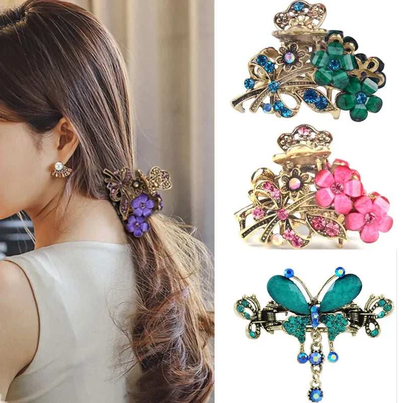 Vintage Crystal Flower Hair Claw Korean Simple Elegant Ponytail Clip Female Ladies Hair Styling Accessories Mother's Day Gifts Quake
