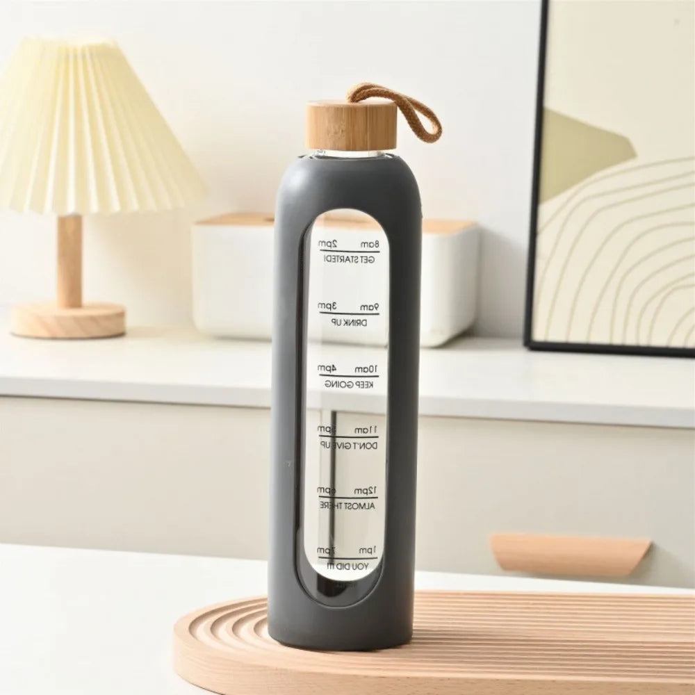 Trendy Time-marked Glass Water Bottles Bamboo Lid Sport Silicone Sleeve Drink Bottle Free of Lead Sports Water Cup Quake