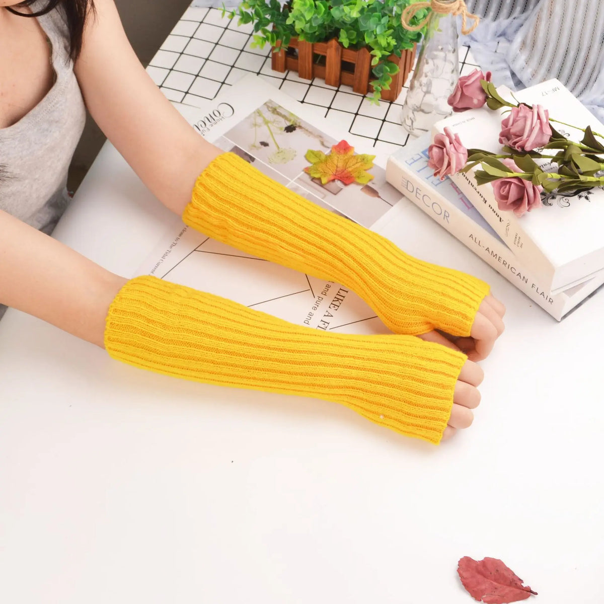 Mid To Long Arm Sleeves with Flat Needles Korean Version Knitted Women Warm Ins High Street Keep Warm Quake yellow 30cm