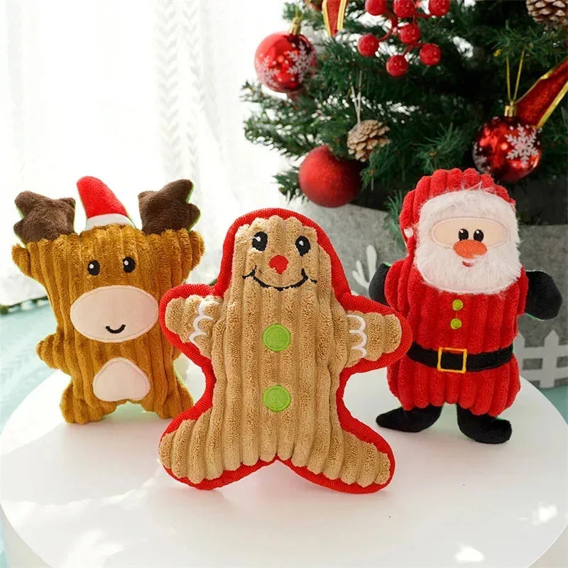 Christmas Dog Chewing Plush Toy - Santa Elk Gingerbread Man Donut Cartoon Series, Squeak Noise Pet Toy Suitable for Dogs and Cat Quake