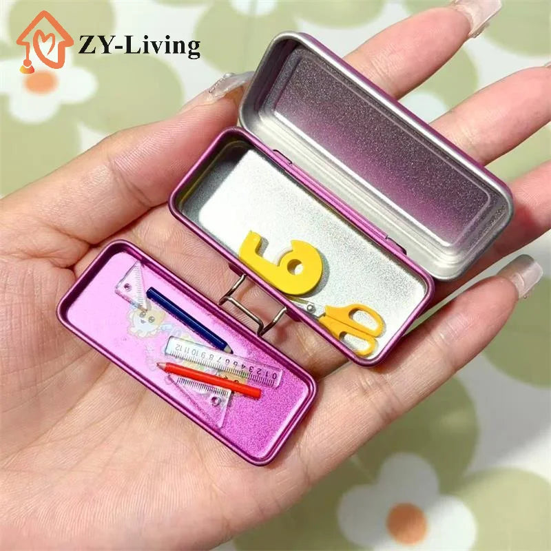Dollhouse Miniature Double Layer Iron Pencil Box Pen Ruler Measuring Tape Scissors Model Micro Landscape Decor Pretend Play Toy Quake