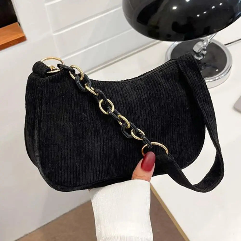 Fashion Vintage Handbags Women Autumn Winter Corduroy Underarm Bag Zipper Shoulder Small Bags Female Soft Casual Clutch Handbag Quake black