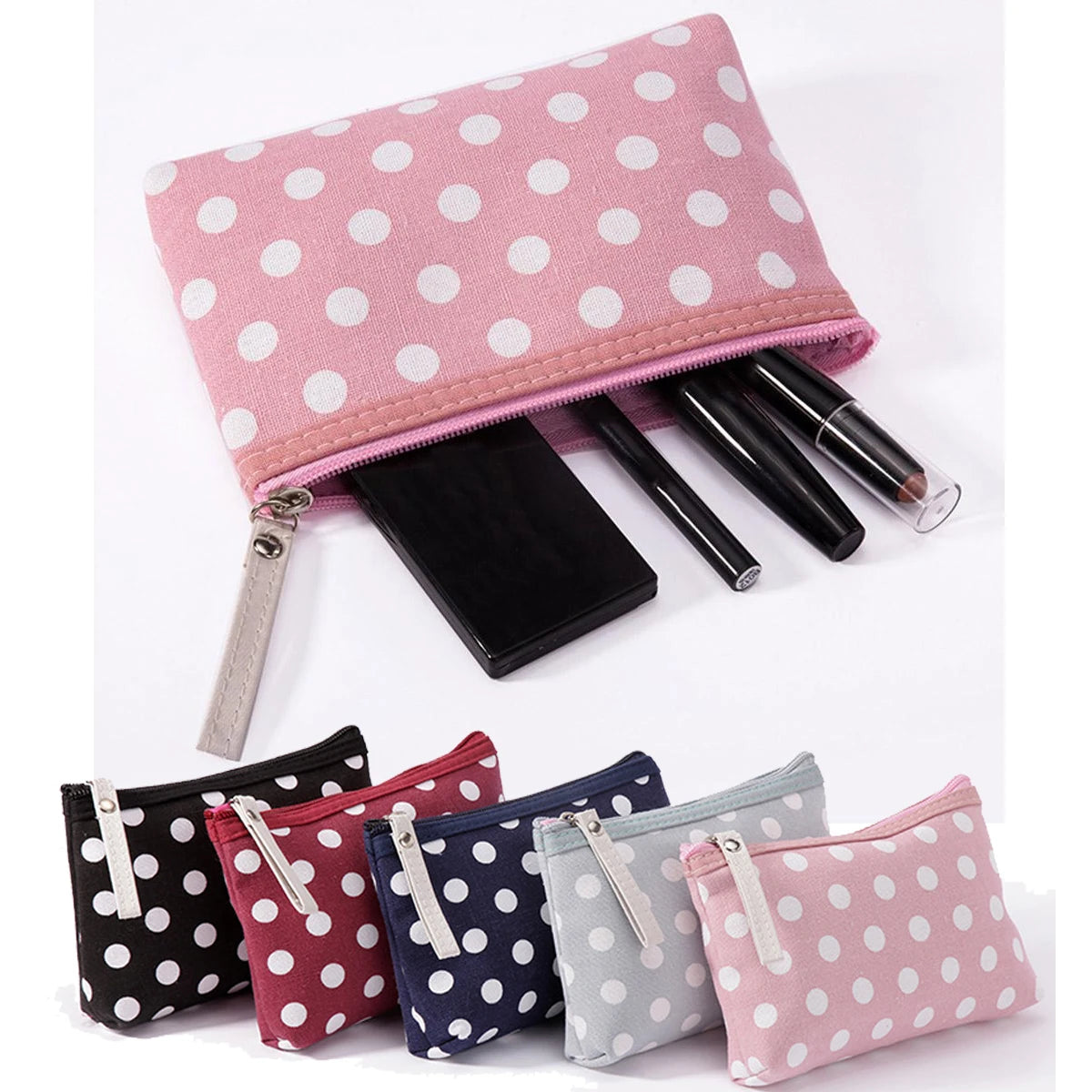 Portable Small Cute Polka Dot Canvas Makeup Bag for Women Girls Simple Travel Lipsticks Organizer Cosmetic Pouch with Zipper Quake