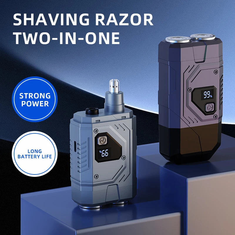 Magnetic Double Blade Electric Shaver for Men Mecha Punk Style Rechargeable LCD Quake