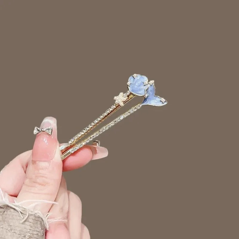 Sweet Girls Sea Blue Color Fish Tail Hair Clip Temperament Water Diamond Side Clip Fashion Bangs Clip Hair Styling Accessories Quake