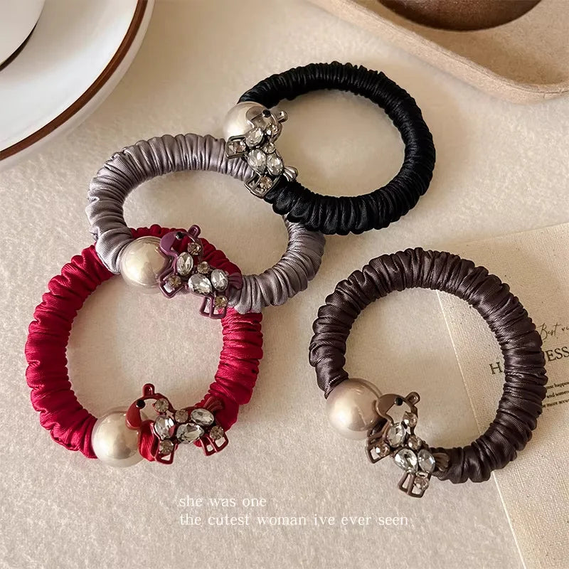 Rhinestone Pearl Horse Hair Ties for Women Elegant Elastic Rubber Bands Sweet Cute Animal Decoration Hair Accessories for Daily Quake