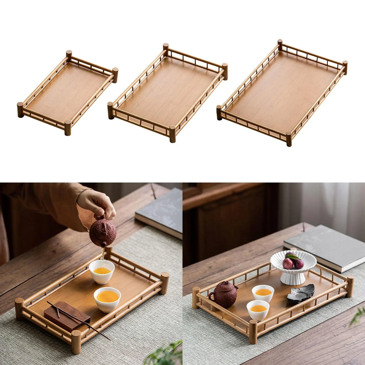 Table Tea Serving Tray Storage Tray Wood Serving Platter Bamboo Tray for Tea for Restaurants Snacks Living Room Lunch Home Decor Quake