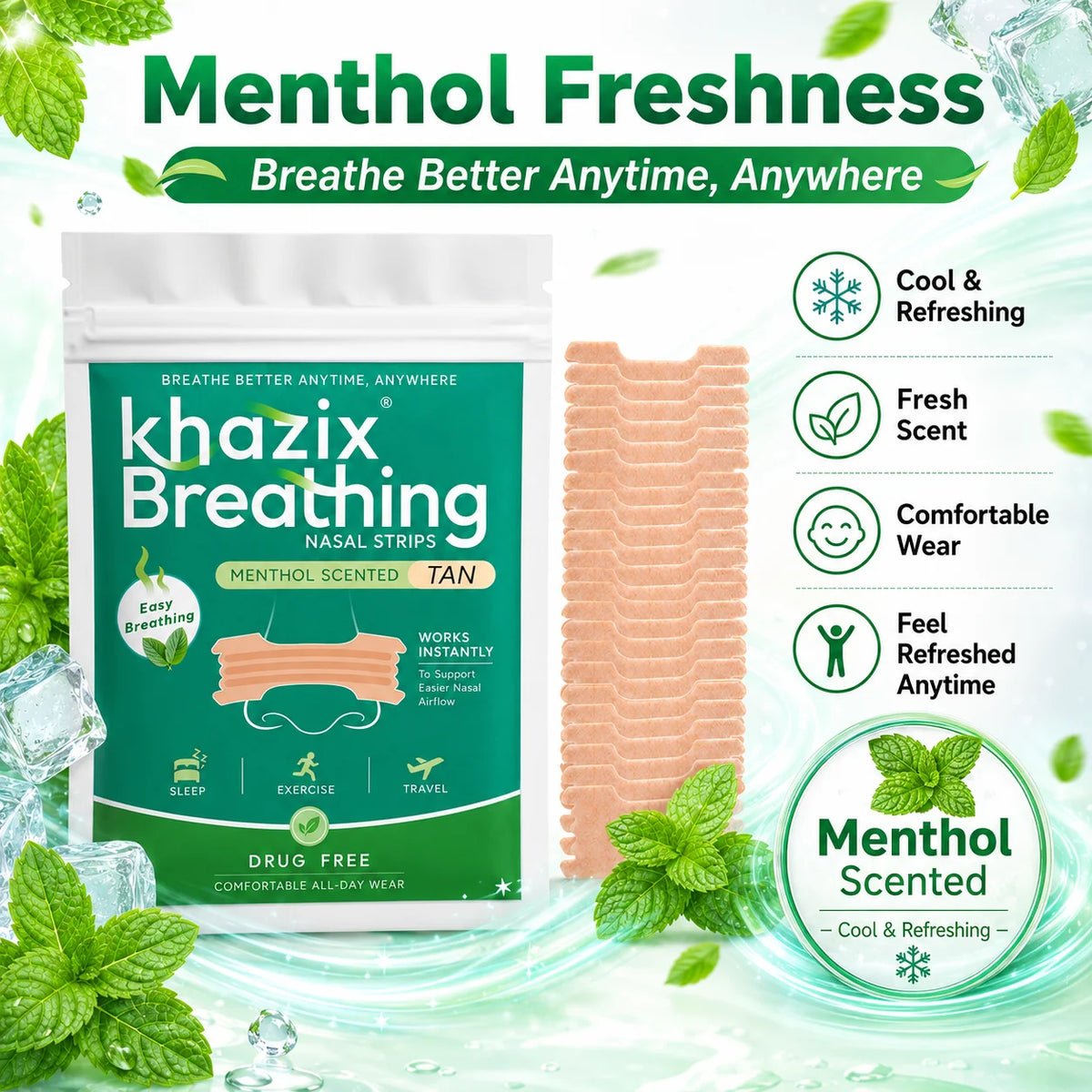 30PCS Menthol Nasal Strips for Easier Breathing, Comfortable Nose Strips for Sleep Exercise Travel Daily Use Quake