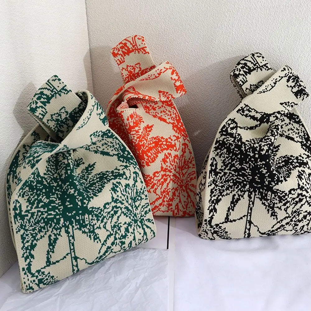 Handmade Mini Knit Handbag for Women Small Knot Wrist Bag Casual Colorful Plaid Tote Bag Girls Reusable Shopping Bags Quake