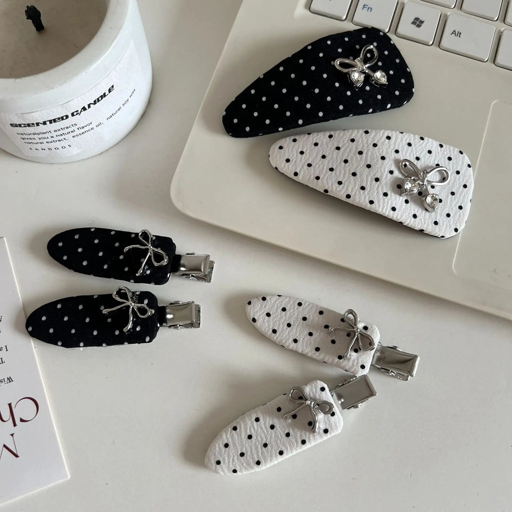 Black White Polka Dot Bow Hair Clip Korean Simple Versatile Bow Design Duckbill Clip BB Clip Elegant Temperament Bangs Hairpin Quake