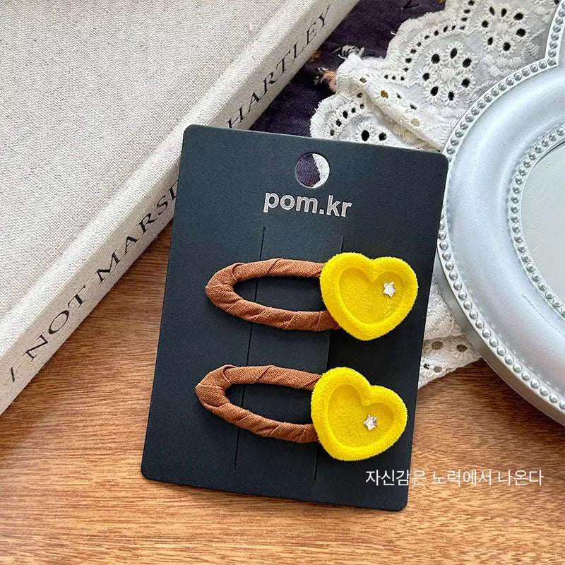 Candy Color Velvet Love Heart Hair Clip Korean Sweet Cute Bangs Hairpin Princess Head Small Side Clip Hair Styling Accessories Quake yellow