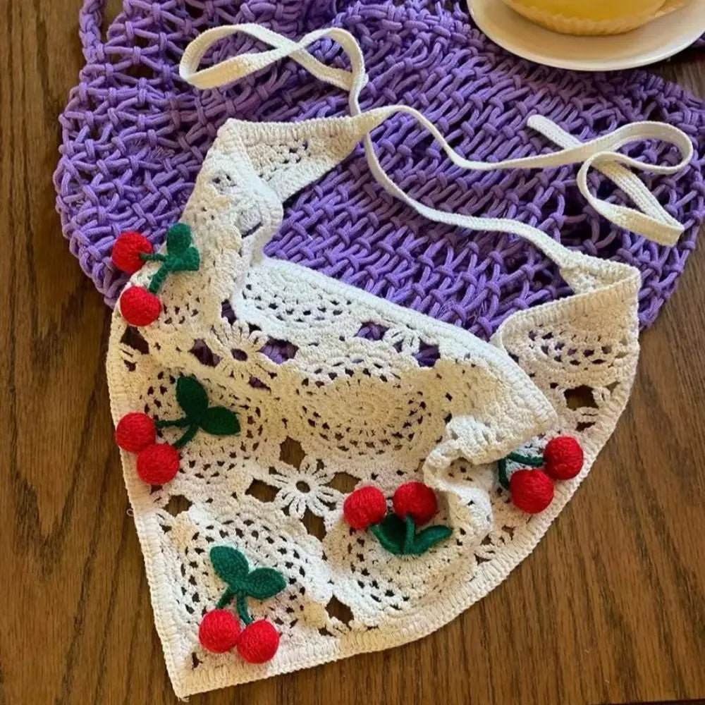 Knitted Triangle Headband Cute Little Cherry French Pastoral Style Headband Towel Handmade Crochet Headscarf Hat Girls Quake 03