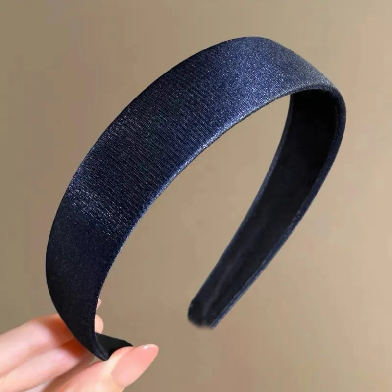 American Retro Navy Satin Wide Headband Handmade College Style Hair Hoop Sweet Versatile Hair Accessory for Teen Women Quake