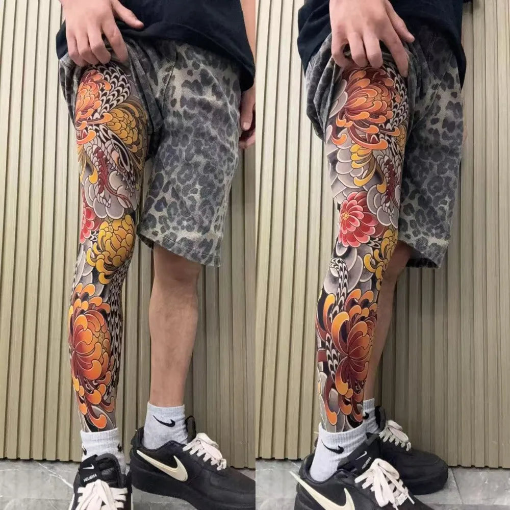 Full Leg Fake Tattoo Socks Printed Tights Cycling Fishing Elastic Socks Sun-proof Cool Personalized Driving Sexy Stockings Quake One Size 9